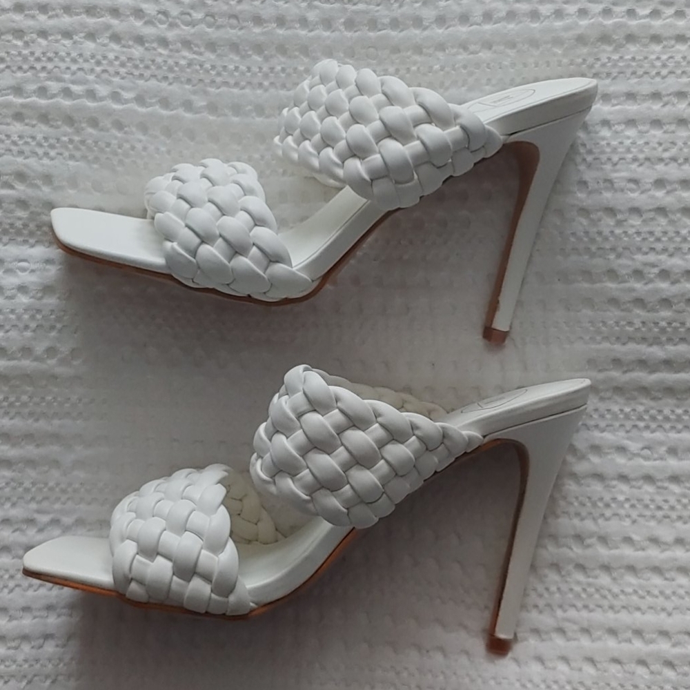 White woven two strap heels
